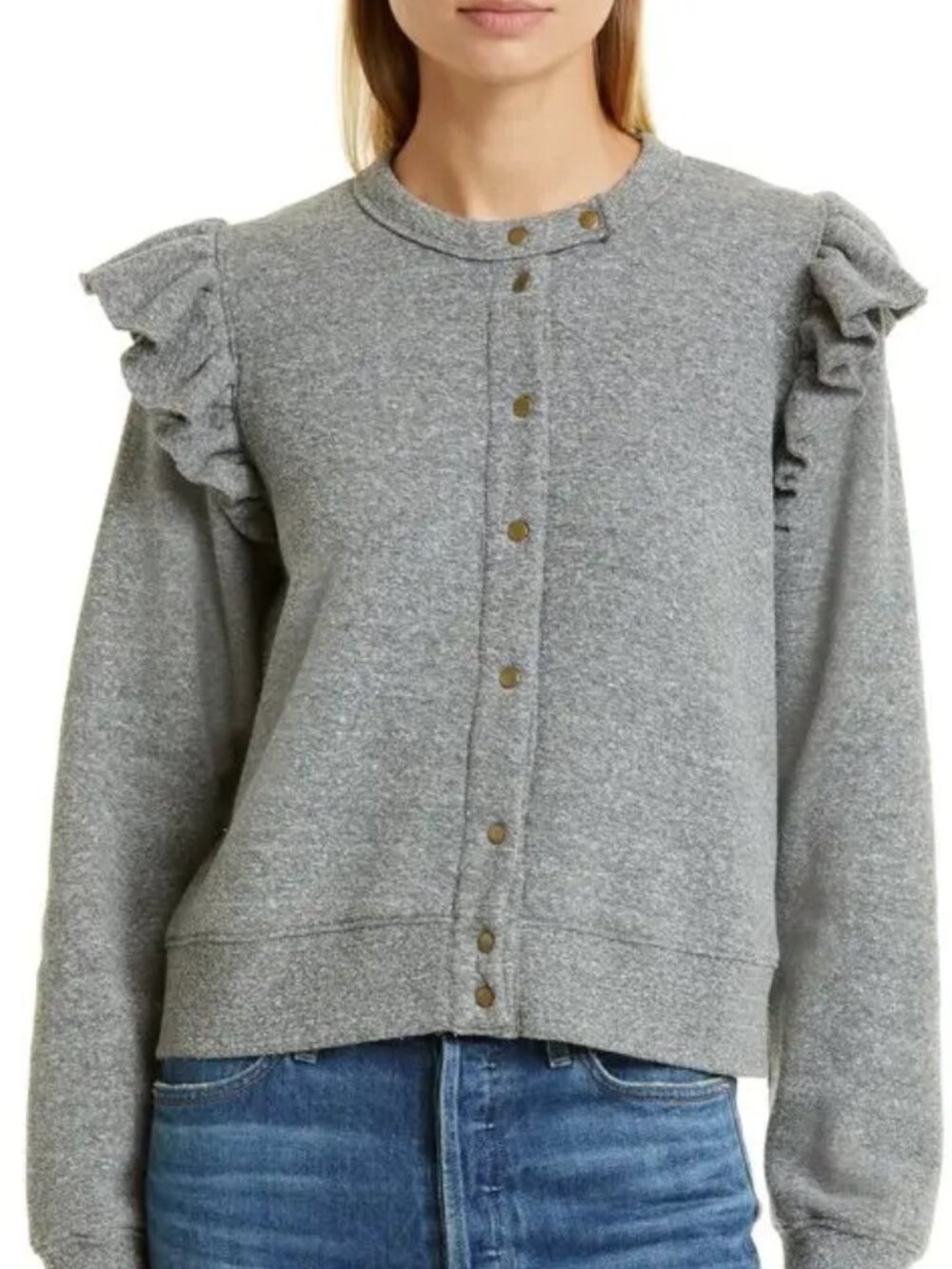 XL - Clare V Gray Le Snap Ruffle-Shoulder Snap-Front Crew Sweater